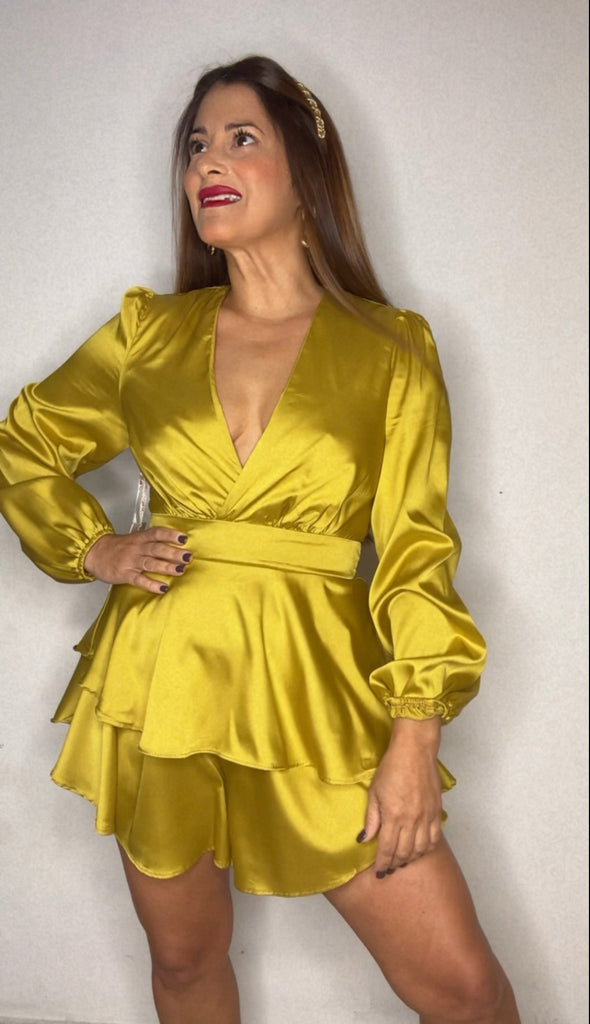 V Neckline Silky Romper in Mustard